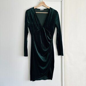 Deep V Green Velvet Effect Midi Dress